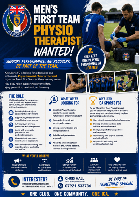 icasports's tweet photo. Volunteer Opportunity – Men's First Team Physiotherapist Support Performance. Aid Recovery. Be Part of the Team. #Pitchero
https://t.co/HlTVNh9FJF https://t.co/UCDzATy4GR