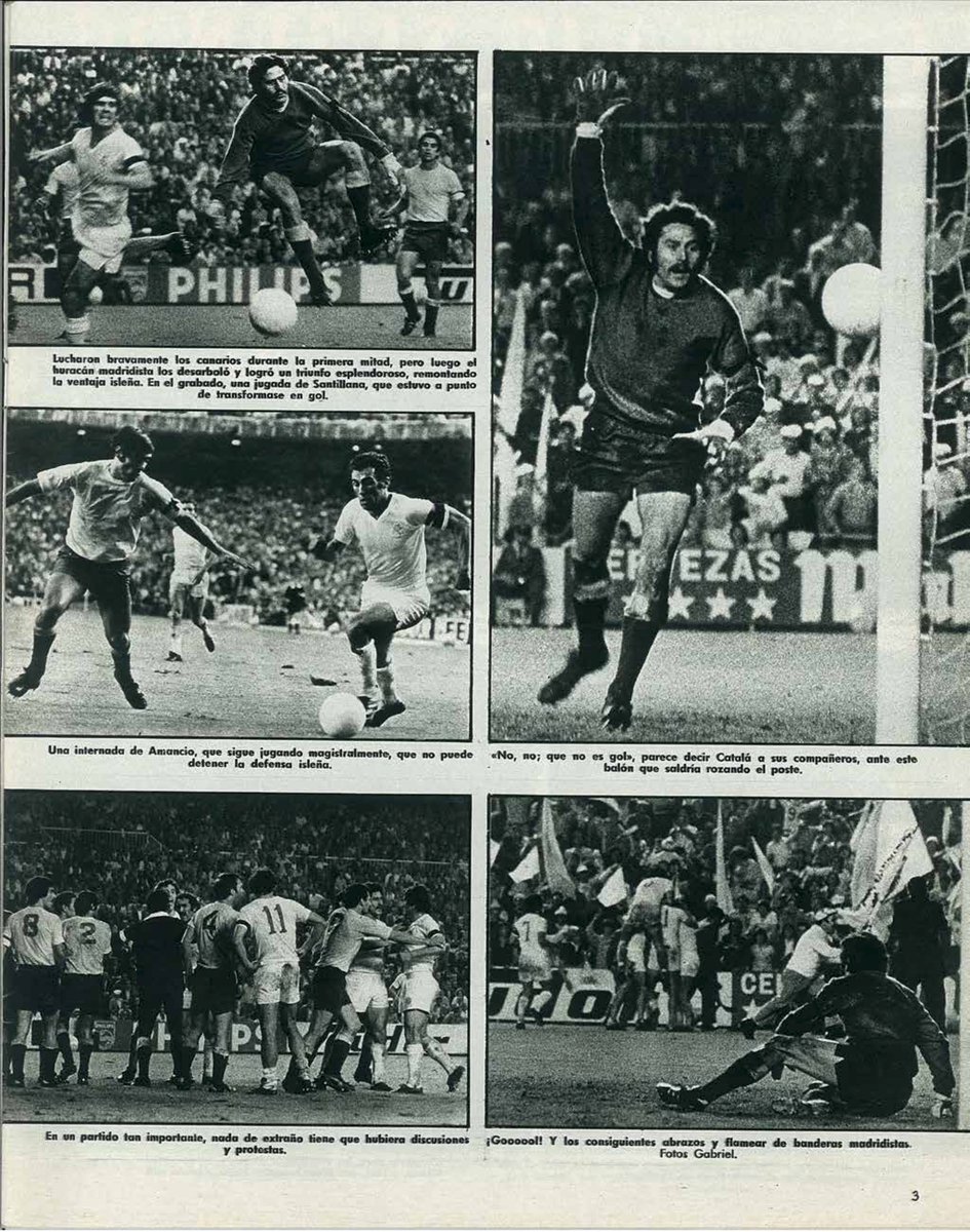 cronicasRM's tweet photo. 📅 Un día como hoy, hace 51 años (junio de 1975)…
El Real Madrid logró una de las remontadas más espectaculares de su historia en la Copa del Generalísimo.
Tras perder 4-0 en Las Palmas en la ida de cuartos, el Madrid firmó un 5-0 en el Bernabéu en la vuelta y se clasificó para semifinales.
Santillana y sus compañeros firmaron una exhibición que dejó sin palabras a todo el estadio. El entrenador de Las Palmas, Sinibaldi, que antes del partido había prometido quitarse el sombrero si el Madrid remontaba, acabó cumpliendo su palabra… aunque con sombrero de copa de la Copa del Generalísimo.
📰 AS Color dedicó su portada a la hazaña con el titular: «CINCO A CERO… Y SINIBALDI SIN SOMBRERO»
Una noche para el recuerdo que demostró el carácter de aquel Madrid de Miljanic. 
¿Conocíais esta famosa remontada del Madrid ante Las Palmas en 1975? 
¿Creéis que este tipo de remontadas épicas en el Bernabéu son las que más marcan la historia del club?
¡Hala Madrid! 
#HistoriaRM #RealMadrid #cronicasrm #Año1975 #CopaGeneralisimo #Santillana #HalaMadrid