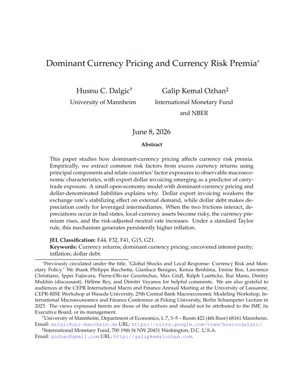 int_mon_econ's tweet photo. Food for thought!

"Dominant Currency Pricing and Currency Risk Premia" by Husnu C. Dalgic and Galip Kemal Ozhan.

"This paper studies how dominant-currency pricing affects currency risk premia. Empirically, we extract common risk factors from excess currency returns using principal components and relate countries’ factor exposures to observable macroeconomic characteristics, with export dollar invoicing emerging as a predictor of carry-trade exposure. A small open-economy model with dominant-currency pricing and dollar-denominated liabilities explains why. Dollar export invoicing weakens the exchange rate’s stabilizing effect on external demand, while dollar debt makes depreciation costly for leveraged intermediaries. When the two frictions interact, depreciations occur in bad states, local-currency assets become risky, the currency premium rises, and the risk-adjusted neutral rate increases. Under a standard Taylor rule, this mechanism generates persistently higher inflation."

https://t.co/JRPTZhQShe