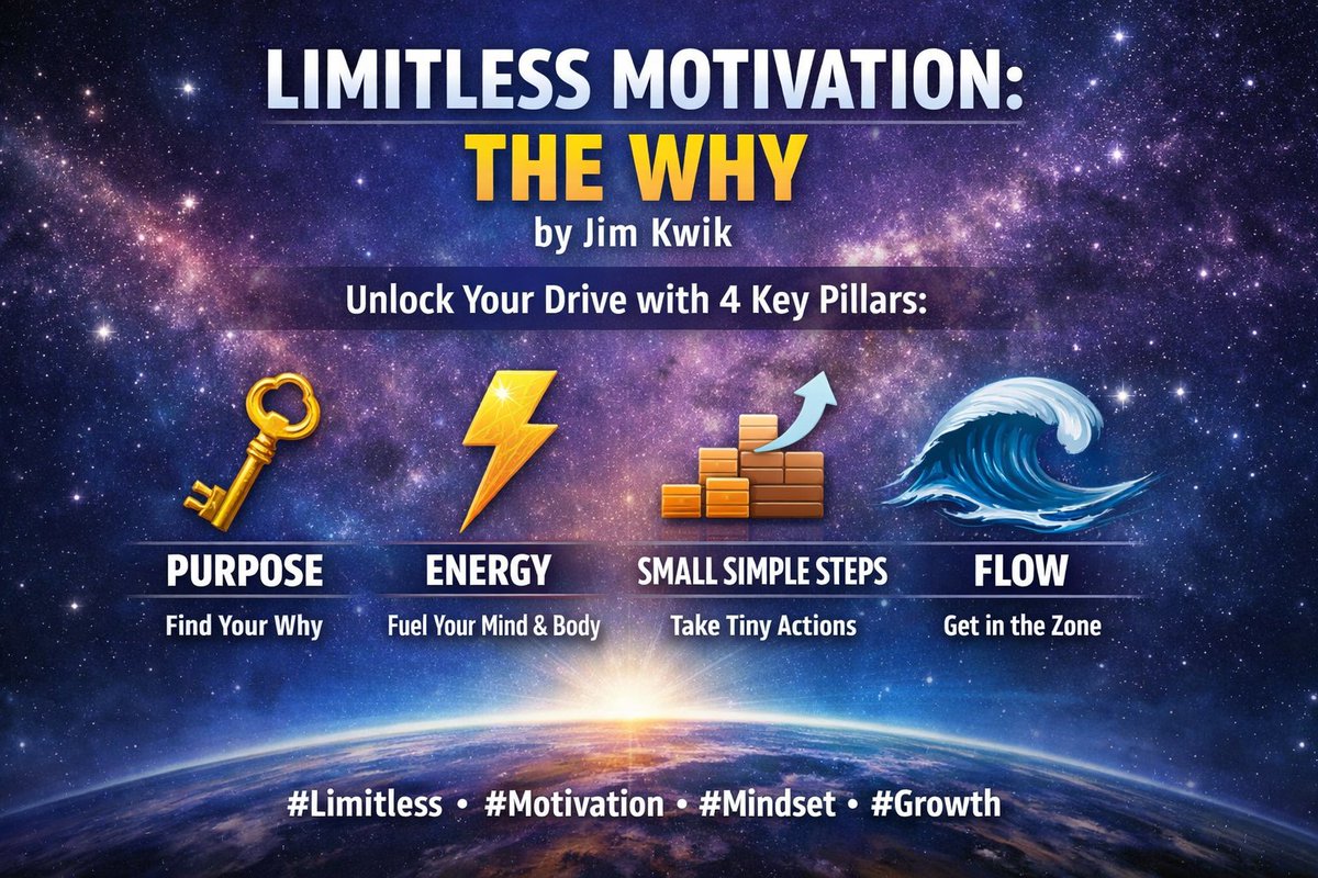 unwrittenmuse's tweet photo. Motivation isn’t about pushing harder, it’s about unlocking your Why.
@jimkwik Limitless Motivation rests on 4 pillars:
🔑 Purpose
⚡ Energy
🪜 Small Simple Steps
🌊 Flow
#Limitless #JimKwik #Motivation #Mindset #Growth https://t.co/WAwBGZGP44