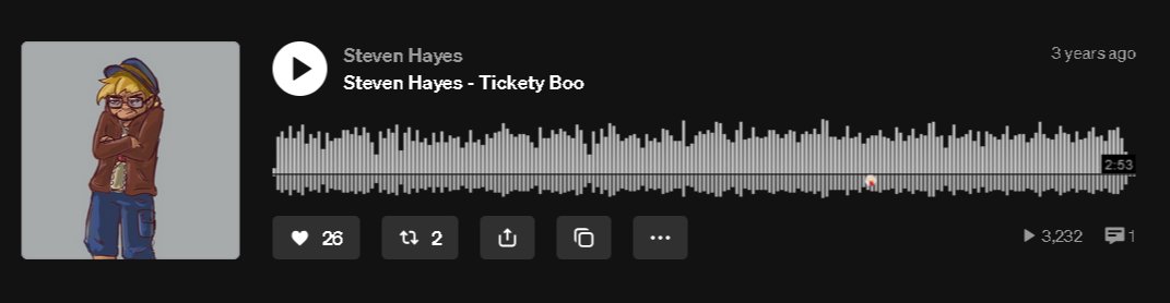Farmhouse781's tweet photo. Over 3200 listens of Tickety Boo on Soundcloud! 🎉

That's to everyone who listened and dug the song! It was Steven Hayes' dis-track to ALL of Los Santos! 🤣

https://t.co/12JSBVqN1P https://t.co/GQXeY39oPM