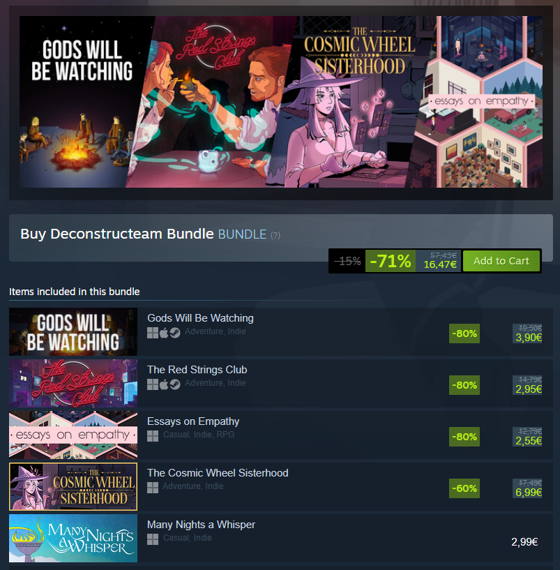 Deconstructeam's tweet photo. It's that time of the year, 
@devolverdigital's Steam Sale.

Gods Will Be Watching 80% off
Red Strings Club 80% off
Essays on Empathy 80% off
Cosmic Wheel Sisterhood 60% off
Many Nights a Whisper 0% fuck off

Everything we've ever done for less than 20 bucks. https://t.co/ReyZASSBA9