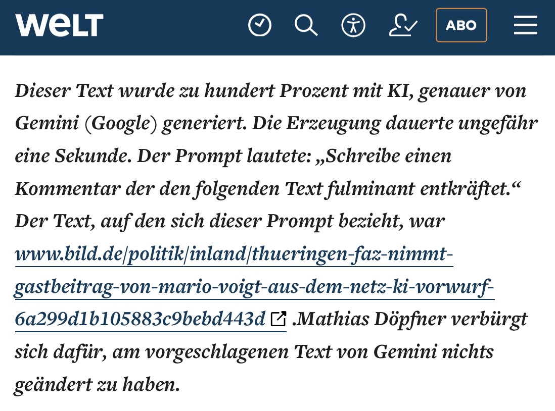 niggi's tweet photo. Mathias Döpfner versucht zu zeigen, dass die FAZ in ihrer Ablehnung von KI-generierten Texten lächerlich rückständig ist, indem er seine „fulminante“ Replik in Sekundenschnelle von einer KI generieren lässt. Besser kann man seine eigene Entbehrlichkeit nicht demonstrieren. https://t.co/4pgJtEnZth
