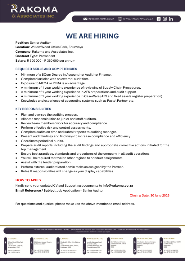 InfoAtRakoma's tweet photo. JOB POST: SENIOR AUDITOR #JobSeekersSA #JobAdviceSA #jobseekers #Followforjobs #HireMe #recruitment #job #hiringprofessionals #jobopportunity #recruiting #Accounting #Accountants #ExternalAudit #MFMA #PFMA https://t.co/YuJ7tMbHgz