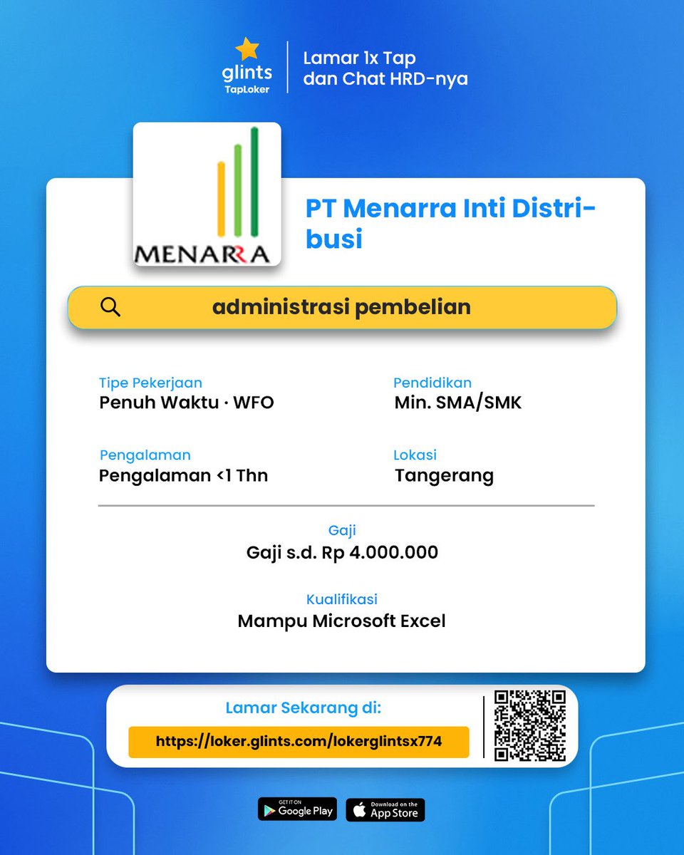 glintsid's tweet photo. 🚨 Dicari administrasi pembelian - PT Menarra Inti Distribusi

💰 Gaji s.d. Rp 4.000.000
📍 Tangerang
📅 Apply segera!

Lamar di: https://t.co/r5SN4CabfT

#infocariloker #infoloker #lowongankerja #lokeradministrasipembelian #lokerjkt #lokerfreshgraduate #lokercot https://t.co/wzdBZrDaaf