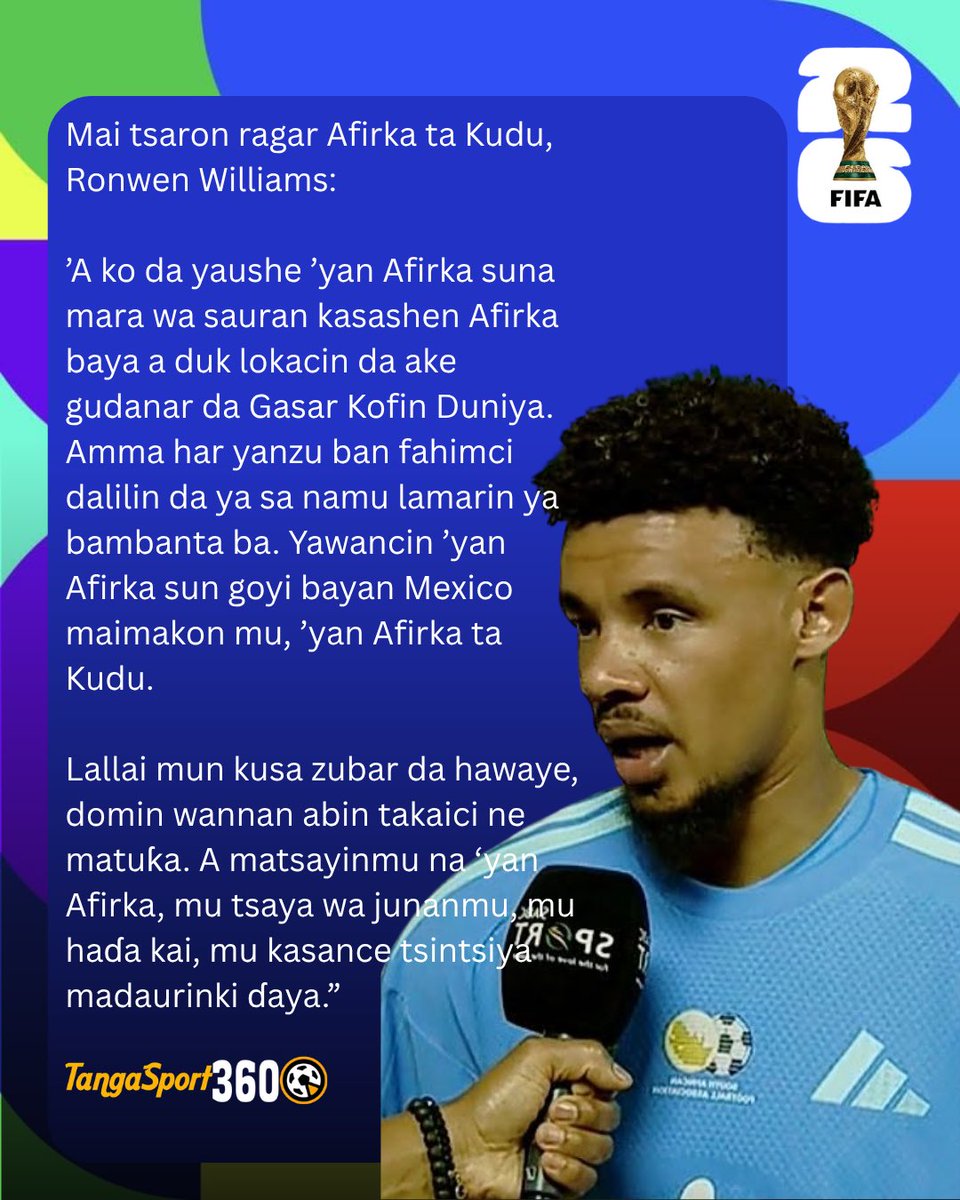 TangaSports's tweet photo. Golan Afirka Ta Kudu, Runwen Williams ya caccaki kasashen Afirka bayan juya masu baya a wasan da suka fafata da Mexico a ranar Alhamis.

TANGA SPORTS 360 https://t.co/bRRXs8y7Wb