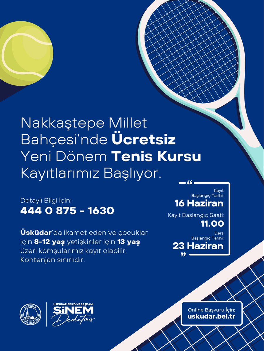 uskgenclkegitim's tweet photo. Spor Üsküdar Nakkaştepe Millet Bahçesi’nde düzenlenen ücretsiz yeni dönem tenis kursu kayıtlarımız başlıyor!

📌 Kayıt Başlangıç Tarih ve Saati: 16 Haziran 11:00
📌 Ders Başlangıç Tarihi: 23 Haziran 

8–12 yaş grubu çocuklar ve 13 yaş üzeri yetişkinler başvuru yapabilir. ++ https://t.co/rLfePjAMze