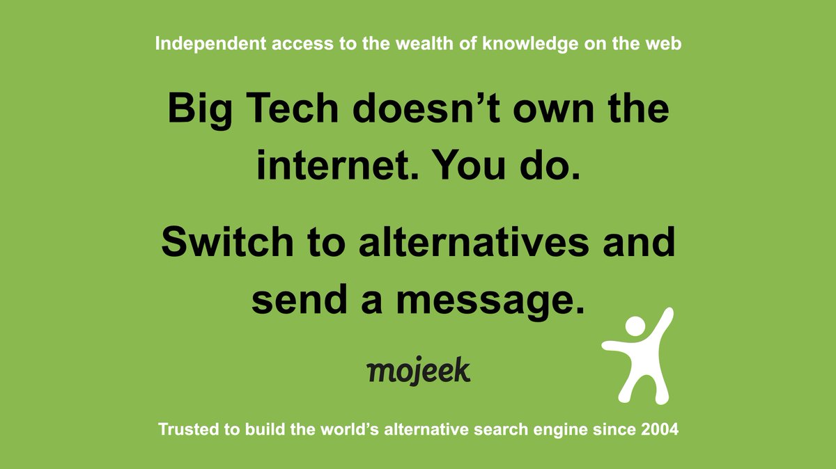 mojeek's tweet photo. Mail, Messaging, Browser, Cloud, Socials… the web is full of alternatives to Big Tech which keeps you locked into their ecosystem.

Do One Thing Today

Try an alternative. It might seem a hassle. It’ll be different. But that’s the point. Independent tech is different and diversity brings choice.

https://t.co/0jqPgHGTnn

#mojeek #search #searchengine #bigtech #alternatives