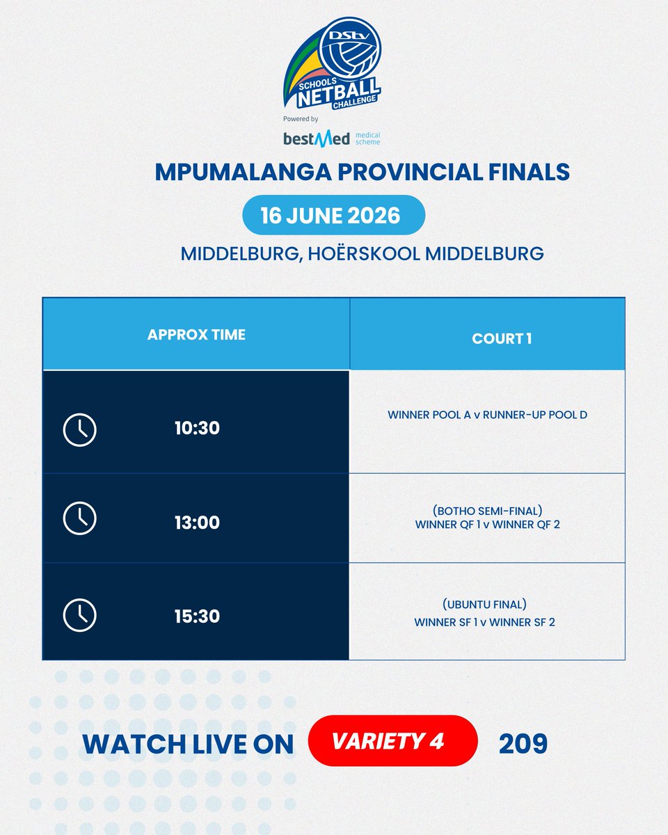 DStvNetball's tweet photo. Following an exciting weekend in Gauteng, #DSNC, powered by @BestmedScheme, heads to Middelburg for the Mpumalanga Provincial Finals on 15–16 June.​ 🏐👏

Take a look at the fixtures and join us for what promises to be an exciting two days of netball action!​ ​ 

#BestmedNetball https://t.co/OVLBW20lHW