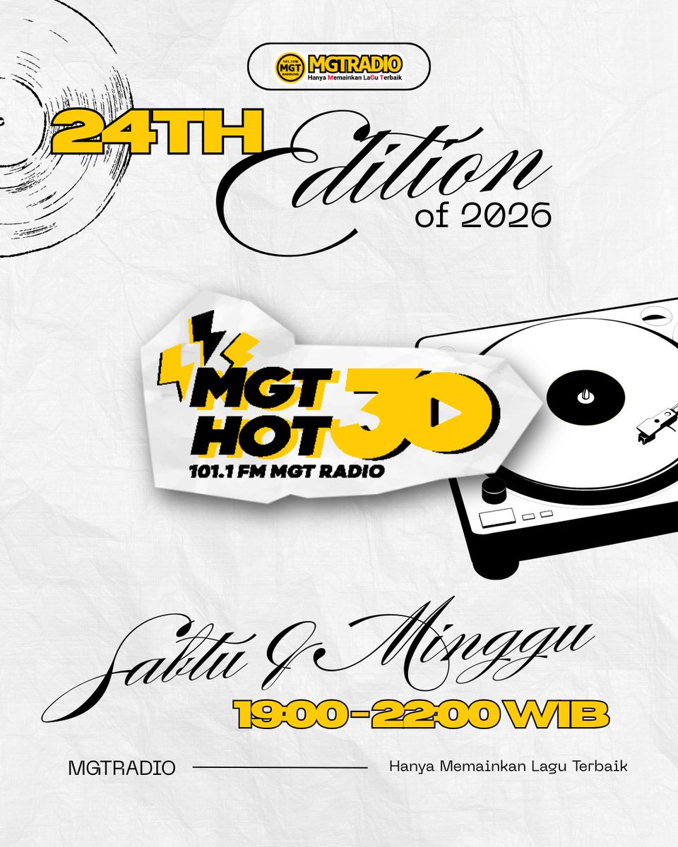 MGT_RADIO's tweet photo. Listeners! Ini dia TOP 30 #MGTHOT30 24th Edition of 2026🙌

#MGTRADIO #MGTHot30 #MusicCharts #MusikInfo #MGTRadioBandung #MGTRadioTerbaik #RadioBandung https://t.co/RuhwCnyWmB