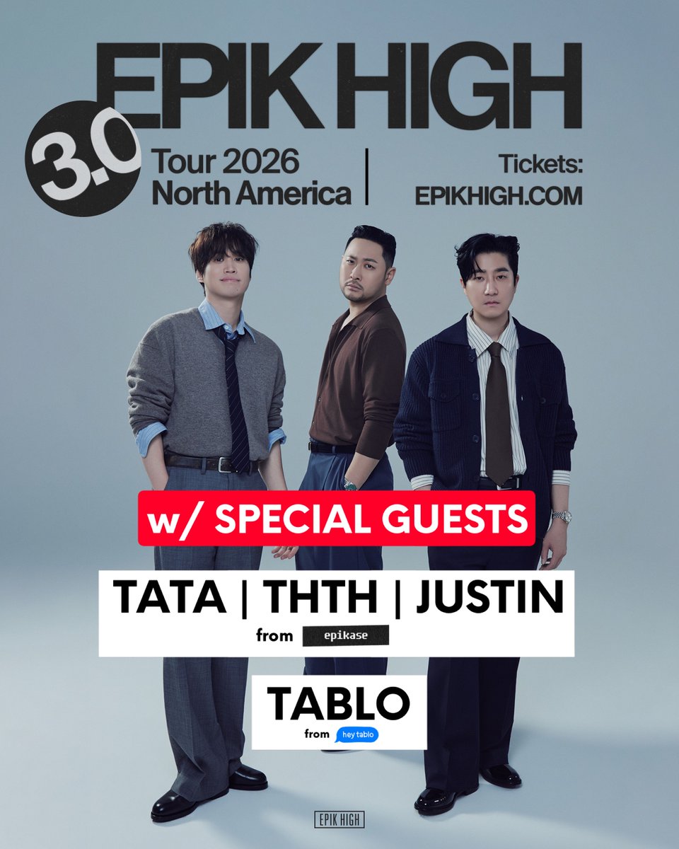 EpikHighHQ's tweet photo. SPECIAL GUEST REVEAL👀

Epik High 3.0 Tour in North America

It wasn't easy... but these SPECIAL GUESTS have agreed to join us for every city on the tour!

Get your tickets now: https://t.co/Z12eC6QYia https://t.co/gnkFVy00j5