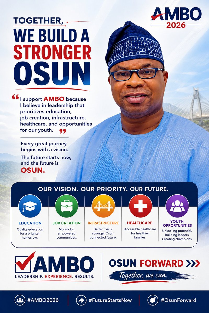 AdewaleTemlmym's tweet photo. Real leadership is about listening, serving, and delivering results. AMBO's commitment to community development and people-centered policies inspires confidence in a brighter future for Osun State. The time for positive change is now.
#AMBO2026 #LeadershipThatWorks #OsunProgress https://t.co/xY4tAlua9p