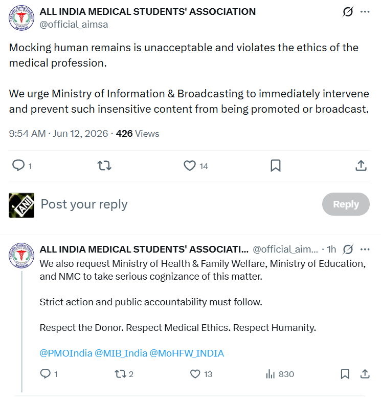 airnewsalerts's tweet photo. All India Medical Students Association (#AIMSA) condemns the disrespectful portrayal of cadavers and body donors for the purpose of entertainment or comedy by the comedian Pranit More and others.

In a statement, the association said that every cadaver represents a noble individual who made the selfless decision of body donation for the advancement of medical education and scientific learning.