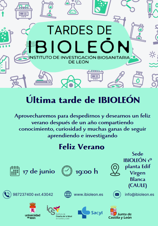 IBIOLEON's tweet photo. ☀️ ¡Llega la última Tarde de IBIOLEÓN!
Después de un año lleno de  investigación, nos reunimos para despedirnos y desearnos un feliz verano.
📅 17 de junio
🕖 19:00 h
📍 Sede IBIOLEÓN (1.ª planta, Edificio Virgen Blanca, 
¡Os esperamos!
#TardesDeIBIOLEON #Investigacion https://t.co/6RrQmS6NEk