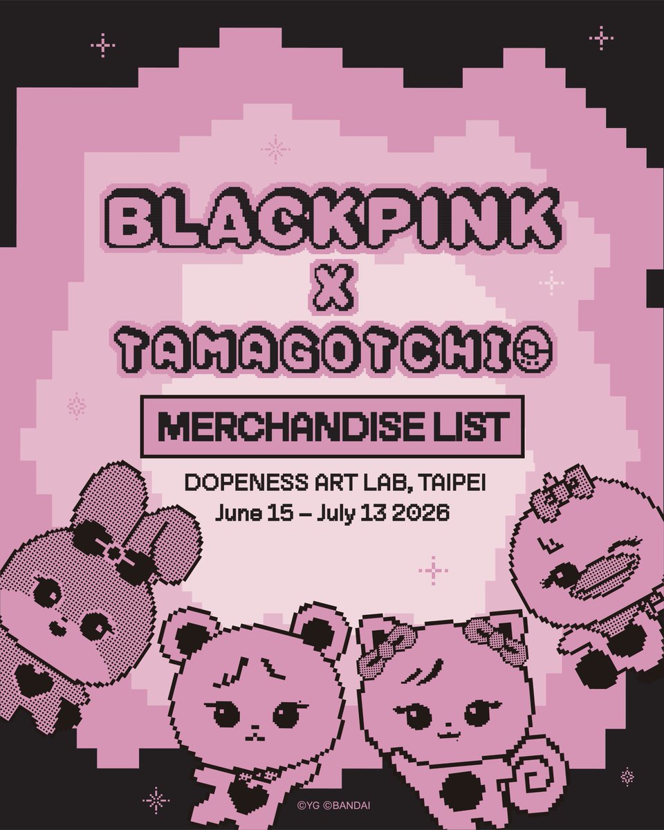 ygselect's tweet photo. BLACKPINK × TAMAGOTCHI TAIPEI EXHIBITION

✨ 體驗沉浸式 BLACKPINK × TAMAGOTCHI 互動內容，探索展場限定精彩體驗與豐富展覽內容 ✨

📍 DOPENESS ART LAB
📅 2026 年 6 月 15 日－7 月 13 日

BLACKPINK × TAMAGOTCHI 聯名商品陣容公開 🖤🩷

從 BLACKPINK 原創塔麻可吉、絨毛吊飾盲盒，到服飾、包款等多款聯名商品，等你來探索 👀

🎫 購票連結
https://t.co/Isf1IcqN9C
🛍 周邊商品僅開放持票入場觀眾購買。

🎁 滿額贈活動
🎯 適用商品：BLACKPINK × TAMAGOTCHI 聯名商品（購物袋除外）

🖤 角色手扇（8 款隨機 1 款）
單筆消費滿 NT$1,100 即贈送 1 個手扇
※ 每人限領 1 個

🃏 成員小卡（4 款隨機 1 款）
每消費滿 NT$2,200 即贈送 1 張小卡

* 手扇及小卡皆為隨機發送，款式恕不挑選。
* 贈品數量有限，送完為止。
* 贈品資格以實際結帳金額為準。
* 購物袋金額不列入贈品門檻計算。

BLACKPINK × TAMAGOTCHI TAIPEI EXHIBITION

✨ Explore immersive BLACKPINK × TAMAGOTCHI experiences and exclusive exhibition content available throughout the venue ✨

📍 DOPENESS ART LAB
📅 June 15 – July 13, 2026

BLACKPINK × TAMAGOTCHI Collaboration Merchandise Lineup Revealed 🖤🩷

From the BLACKPINK Original Tamagotchi Device and Plush Keychain Blind Boxes to apparel, bags, and more, a wide range of special merchandise awaits you 👀

🎫 Ticket Reservation Link
https://t.co/Isf1IcqN9C
🛍 Merchandise is available exclusively to exhibition visitors.

🎁 Gift with Purchase Event
🎯 Eligible Products: Applicable to purchases of BLACKPINK × TAMAGOTCHI merchandise
(Shopping bags excluded)

🖤 Character Hand Fan (1 random design out of 8)
Receive 1 Hand Fan with purchases of TWD 1,100 or more
※ Limited to 1 per person

🃏 Member Photocard (1 random design out of 4)
Receive 1 Photocard for every TWD 2,200 spent

* Character Fans and Photocards are distributed at random. Design selection is not available.
* GWP are available while supplies last and may end early once stock is depleted.
* GWP eligibility is based on the final payment amount.
* Shopping bag purchases are excluded from the GWP qualifying purchase amount.

#BLACKPINK #블랙핑크
#BLACKPINKXTAMAGOTCHI #블랙핑크X다마고치
#EXHIBITION