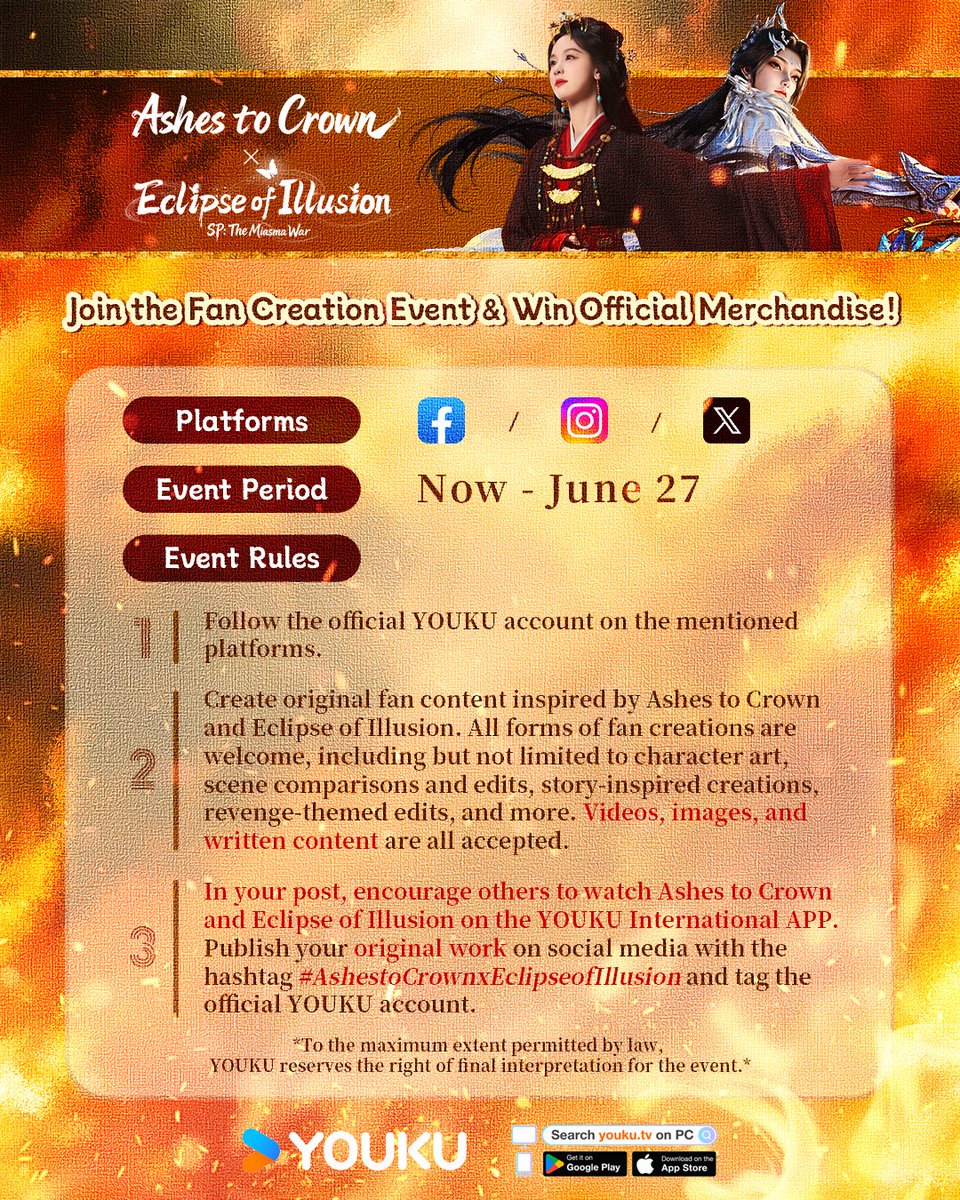 YoukuOfficial's tweet photo. Two unforgettable heroines, two epic journeys! From Chu Zhao's fearless rise in #AshestoCrown to Xi He's triumphant return in #EclipseofIllusion #EclipseofIllusionSPTheMiasmaWar , these two powerhouse heroines are stealing the spotlight! Join the #AshestoCrownxEclipseofIllusion fan creation event for a chance to win official merchandise, and relive their most unforgettable moments with us!

#翘楚 #云深不知梦 #云深不知梦特别篇逐冥之役 

#YOUKU #优酷