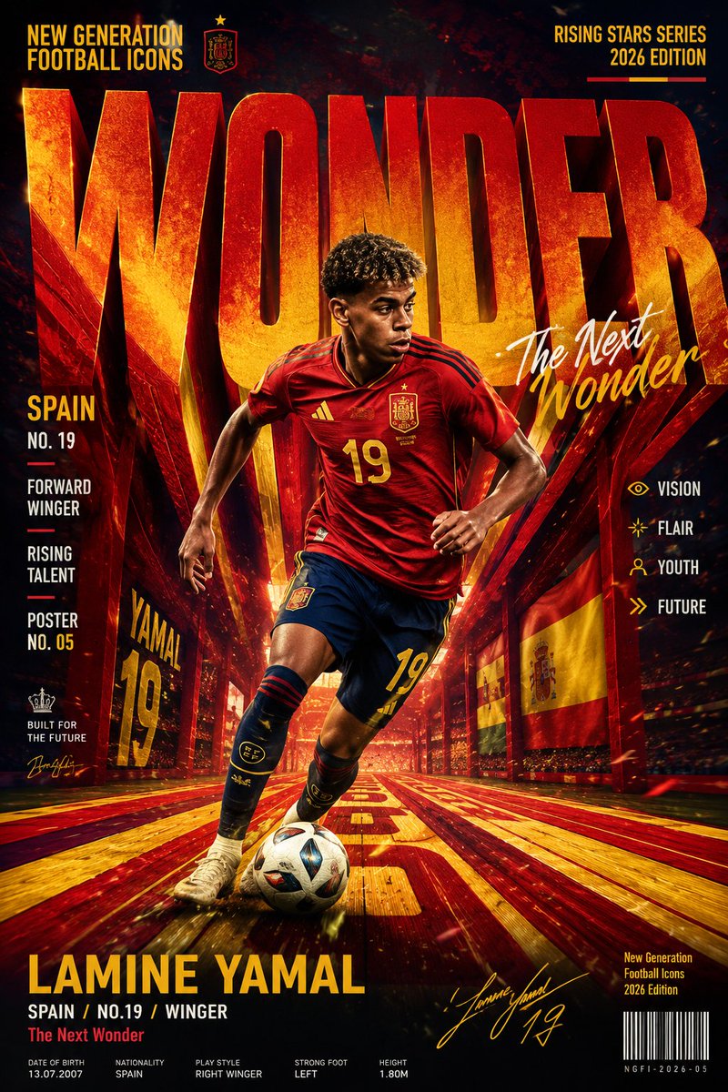 MrLarus's tweet photo. 🔥 Football posters + giant typography = perfect combo ⚽️

4 rising star campaign concepts:
1. Lamine Yamal: WONDER
2.  Erling Haaland: GOAL
3. Jude Bellingham: JUDE
4. Vinícius Jr.: VINI

Massive perspective type, national colors, dynamic player motion and stadium lighting.

The letters become tunnels, runways and attacking routes.

Made with ChatGPT-Image2.
Prompt in the comments 👇