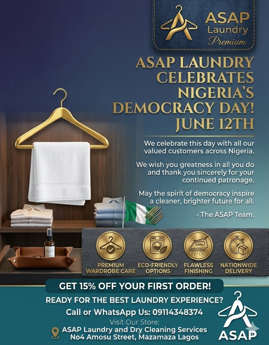 asaplaundry1's tweet photo. June 12Th Happy Democracy Day to Everyone 🇳🇬 And a very big thanks to all our customers around the country, God bless you as you keep supporting us 👏
#DemocracyDay2026 #CleanAsap #GarmentCare https://t.co/jUcdEoj9CA