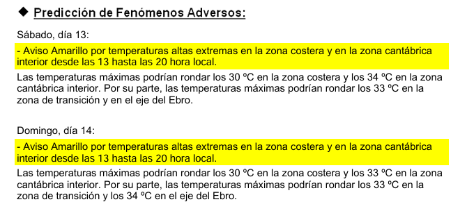 Euskalmet's tweet photo. 🟡#AbisuHoria #beroa 

📆Sábado, día 13, y domingo, día 14
🌡Por temperaturas altas extremas en la costa y en el interior de la vertiente cantábrica. https://t.co/EdwvHAG3qj