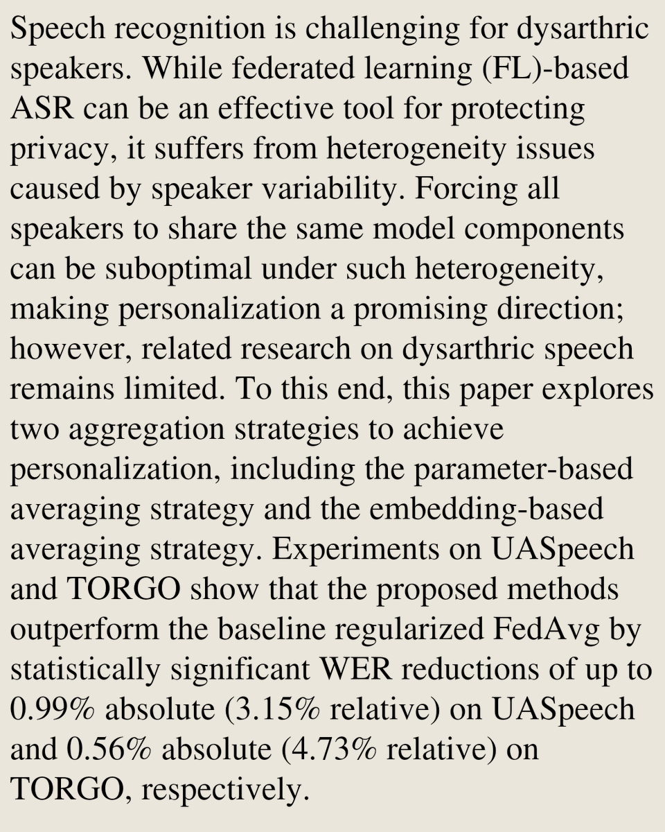 SoundPapers's tweet photo. Towards Personalized Federated Learning for Dysarthric Speech Recognition

Tao Zhong, Mengzhe Geng, Jiajun Deng, Shujie Hu, Xunying Liu
https://t.co/3WwXJS3KVo [𝚌𝚜.𝚂𝙳 𝚌𝚜.𝙰𝙸] https://t.co/YQuvuOMcuf
