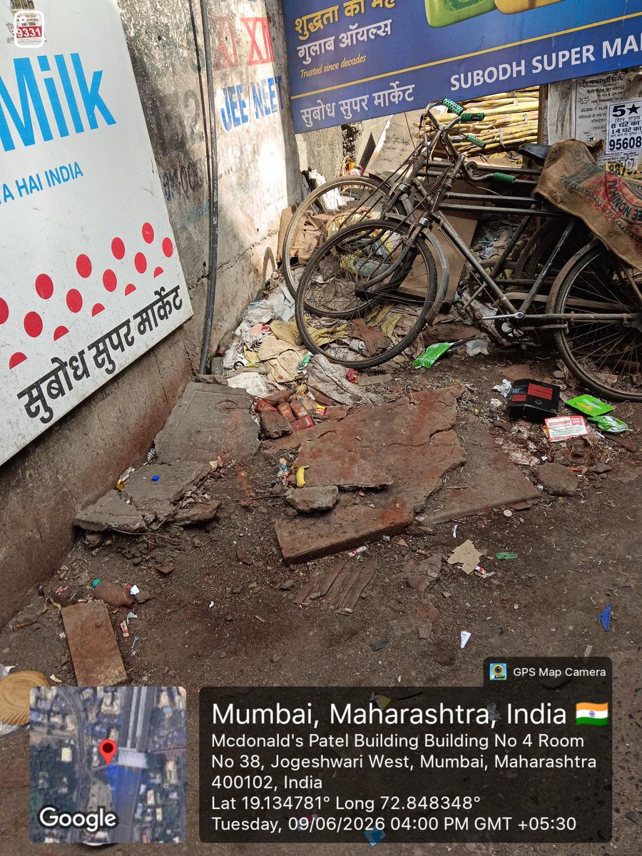 156Rag's tweet photo. @mybmc @mybmcInfra 
Jogeshwari West railway station ke bahar bhod kachra , dabris , mitti , ply furniture sab jama kiya gaya hai urgently hataye https://t.co/RoTWd7hJYe