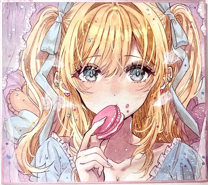 マカロン少女 オリジナルイラスト アナログイラスト 色紙