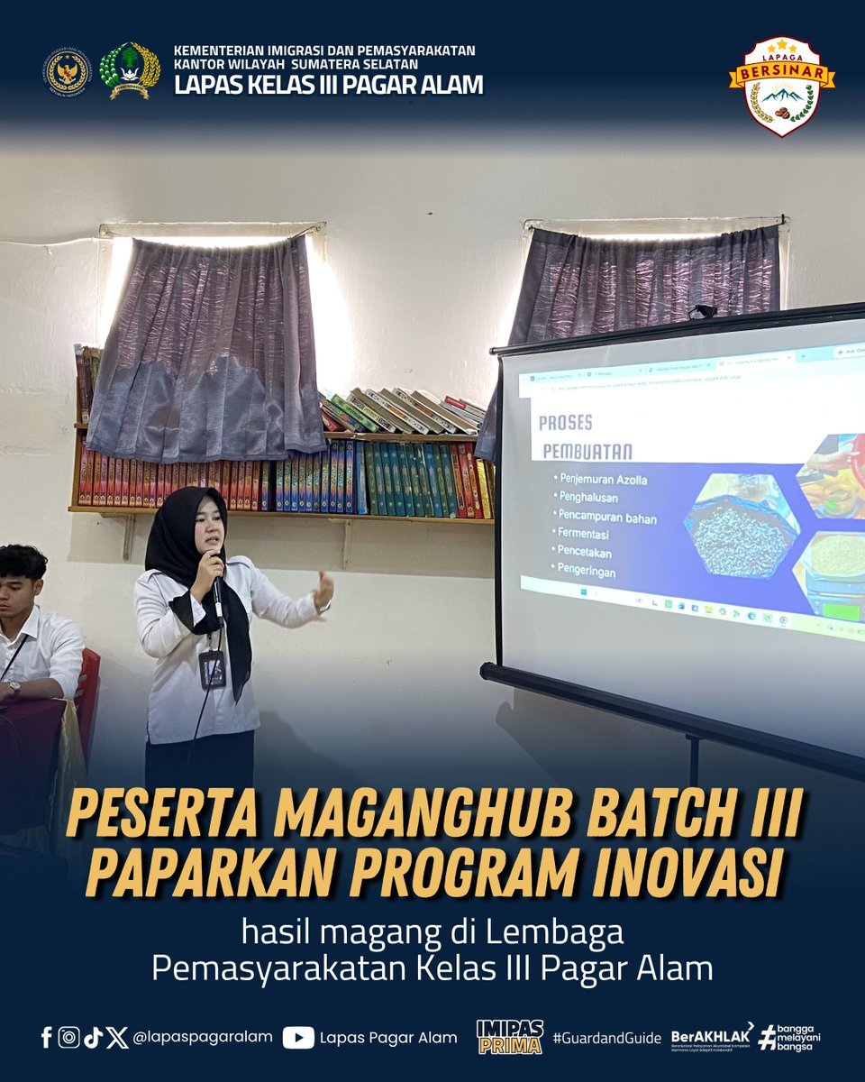 lapaspagaralam's tweet photo. 🚀 Presentasi Hasil Inovasi Peserta Maganghub Batch III 🙌. Sebanyak 33 peserta terbagi dalam 8 kelompok menampilkan inovasi mereka di hadapan mentor dan tim penilai 🔥💡.

#kemenimipas
#guardandguide
#ditjenpas
#pemasyarakatan
#ditjenpassumsel
#Lapaga
#LapasPagarAlam https://t.co/THyCeOegCG