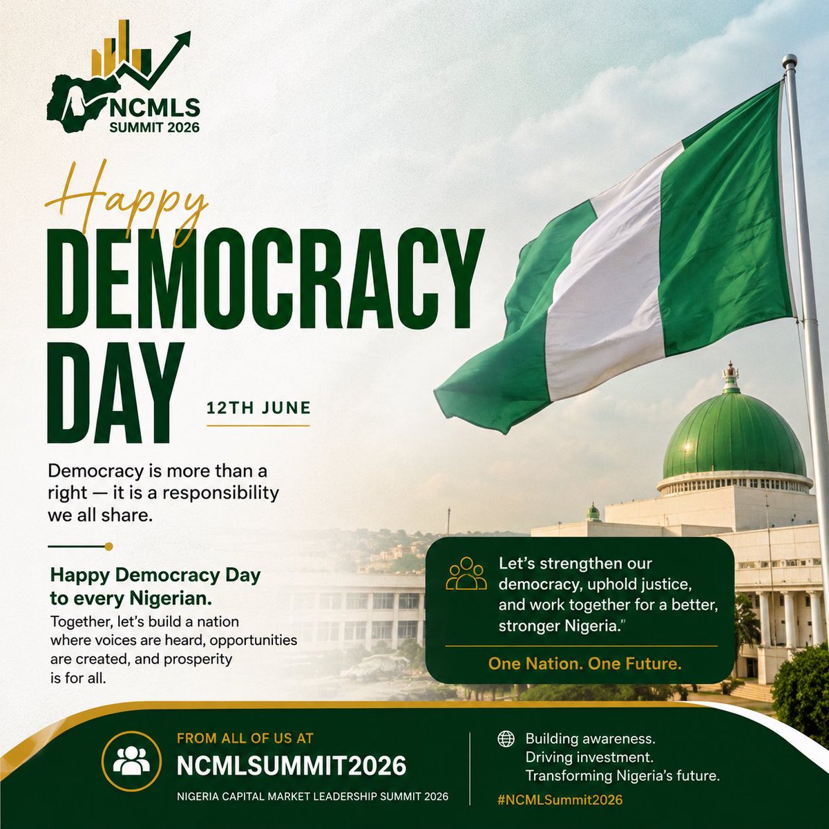 NCMLSummit2026's tweet photo. Happy Democracy Day, Nigeria!

Today, we celebrate the strength of our democracy, the resilience of our people, and the promise of a brighter future. Together, let’s continue building a nation of opportunity, prosperity, and progress for all.

Happy Democracy Day!

NCMLSummit2026 https://t.co/vlGEfaZKtN