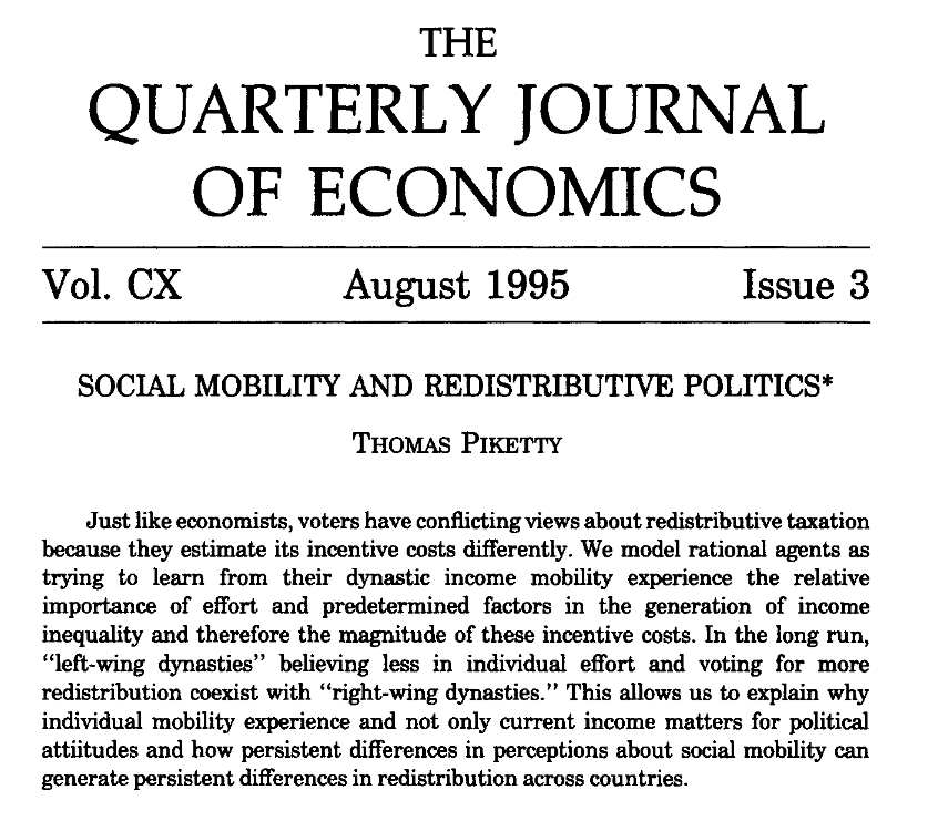 RenaudFoucart's tweet photo. Some Piketty (et al.) bangers to explain why he is so respected, even before Das Capital 2.0, and whatever AI-generated stuff he publishes in the newspaper today

In the 1990s, he formalised theories of self-fulfilling preferences and redistribution. He showed us (1/4) https://t.co/wNoWi5OTYk