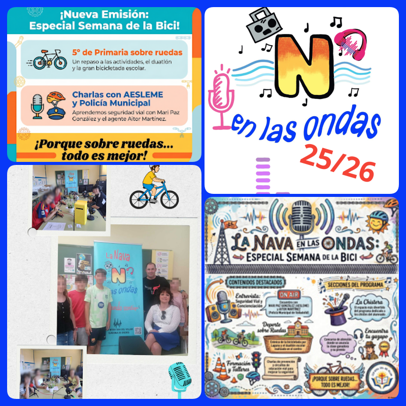 ColeNSVillar's tweet photo. #RadioEscolar La Nava en las Ondas 25/26🎙️
#Podcast 5ºEP: Semana de la Bici🚲
Con entrevista a  @Aitor09931548 y @MARIAPAZGO7773 de @AESLEMEONLINE 
https://t.co/uuC9pfY8sb

#LaRadioNosUNE #SemanaDeLaBici #MovilidadSegura #MovilidadSinVíctimas #Aesleme @RadioEscolarVLL https://t.co/WiNEZM2UxV