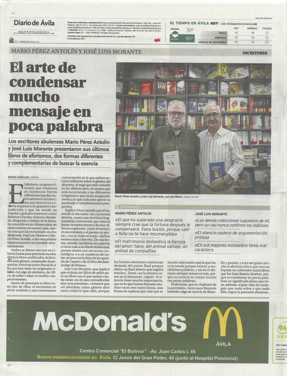 perezantolin's tweet photo. José Luis Morante y yo durante la presentación ayer de nuestros libros de aforismos en Ávila. https://t.co/gIsQzdV3eH https://t.co/9vtoy7ulFU