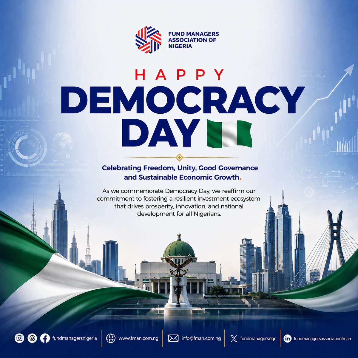 fundmanagersngr's tweet photo. 🇳🇬 Happy Democracy Day, Nigeria!

Today, we celebrate the enduring values of freedom, unity, accountability, and progress that strengthen our democracy.
Together, let's build a stronger and more prosperous Nigeria.

#DemocracyDay2026 #Economicgrowth #NationBuilding #NigeriaAt65 https://t.co/KlTYFuwiiG