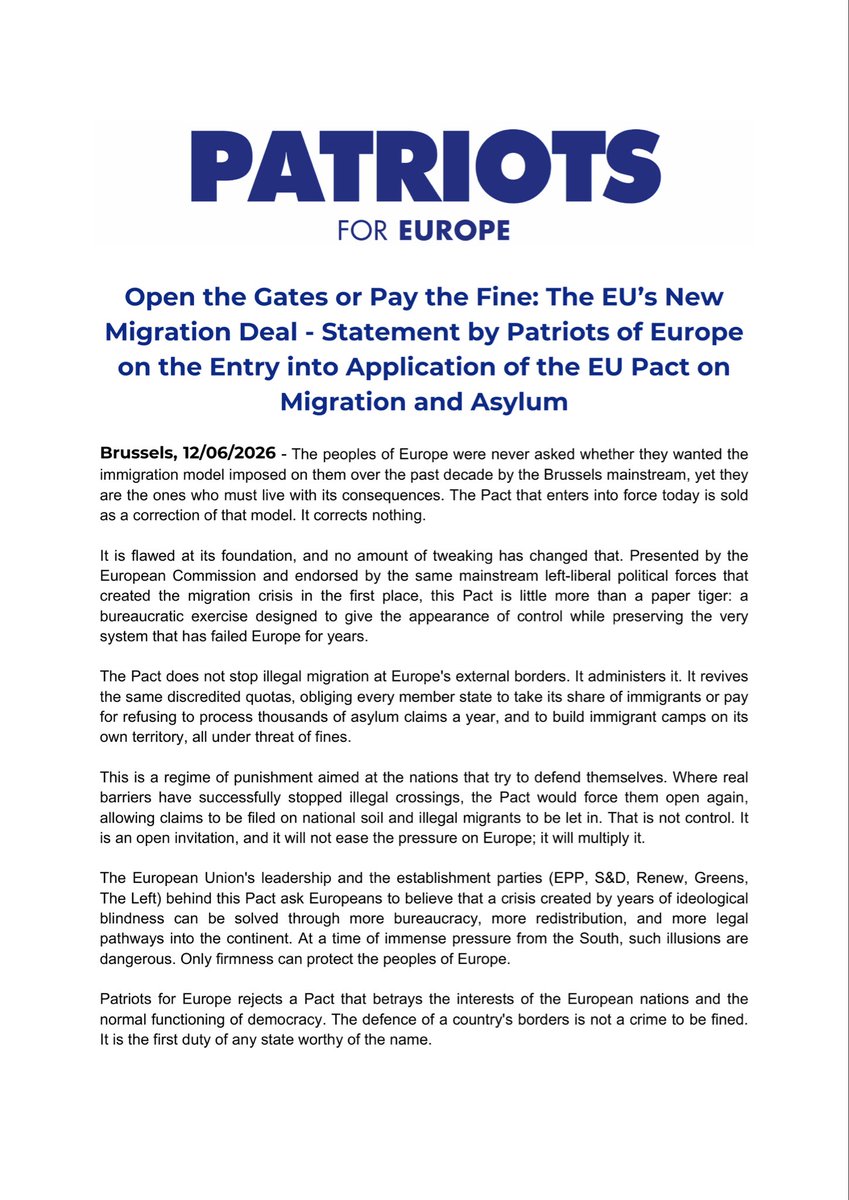 PatriotsEP's tweet photo. 🚨 | Defending a nation’s borders is not a crime and should not be punished with fines. For that reason, the Patriots reject the EU Migration Pact. https://t.co/sAAupllkW4