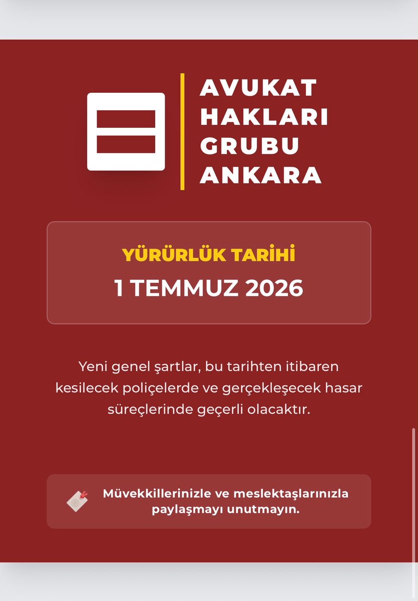 AHGAnkara's tweet photo. 📢 TRAFİK SİGORTASINDA DEĞER KAYBI DÖNEMİ BAŞLIYOR!

📌12 Haziran 2026 tarihli Resmî Gazete’de yayımlanan ve 1 Temmuz 2026 itibarıyla yürürlüğe girecek olan “Karayolları Motorlu Araçlar Zorunlu Mali Sorumluluk Sigortası Genel Şartlarında Değişiklik Yapılmasına Dair Genel Şartlar” tebliği, özellikle araç değer kaybı süreçlerinde devrim niteliğinde düzenlemeler getirmektedir.

🔖Değer Kaybı Taleplerinde "Otomatik Başvuru" Dönemi!

Yeni Düzenlemenin Esasları:

🔻Hasar ihbarında bulunulmasıyla birlikte, hak sahibinin değer kaybı başvurusu da yapılmış sayılacaktır.
🔻Hasar tespiti için atanan eksperlerin, hazırlayacakları raporda değer kaybı tutarına da yer vermesi yasal zorunluluk haline getirilmiştir.
🔻Sigorta şirketleri, nihai eksper raporunun tebliğinden itibaren ilk iş günü içinde belirlenen tutarı hak sahibine bildirmekle yükümlü kılınmıştır.
🔻Yeni kurallar 1 Temmuz 2026 tarihinden itibaren kesilecek poliçelerde ve bu tarihten sonra gerçekleşecek hasar süreçlerinde geçerli olacaktır.

📌Sonuç olarak; hasar şirketlerini aradan çıkarma bahanesiyle yürütülen yeni düzenlemeler, açıkça avukatları süreçten uzaklaştırmayı hedeflemektedir. Ancak bilinmelidir ki, değer kaybının tespiti teknik bir işlem olsa da, bu hakkın savunulması, takibi ve tahsili bütünüyle hukuki bir süreçtir. Vatandaşın anayasal hak arama hürriyetinin ve hukuki güvenliğinin korunması, sürecin ilk anından itibaren bir avukat eliyle yürütülmesiyle mümkündür.

#hukuk #avukat #trafikkazası #değerkaybı #sigortahukuku #resmigazete #tazminat #sigorta #avukathakları #avukathaklarıgrubuankara #ankarabarosu