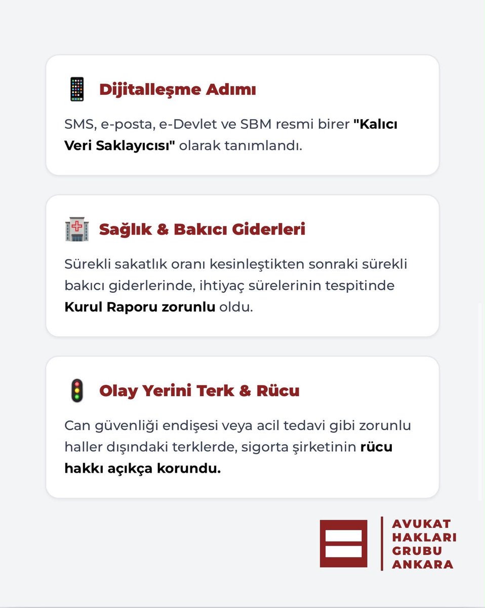 AHGAnkara's tweet photo. 📢 TRAFİK SİGORTASINDA DEĞER KAYBI DÖNEMİ BAŞLIYOR!

📌12 Haziran 2026 tarihli Resmî Gazete’de yayımlanan ve 1 Temmuz 2026 itibarıyla yürürlüğe girecek olan “Karayolları Motorlu Araçlar Zorunlu Mali Sorumluluk Sigortası Genel Şartlarında Değişiklik Yapılmasına Dair Genel Şartlar” tebliği, özellikle araç değer kaybı süreçlerinde devrim niteliğinde düzenlemeler getirmektedir.

🔖Değer Kaybı Taleplerinde "Otomatik Başvuru" Dönemi!

Yeni Düzenlemenin Esasları:

🔻Hasar ihbarında bulunulmasıyla birlikte, hak sahibinin değer kaybı başvurusu da yapılmış sayılacaktır.
🔻Hasar tespiti için atanan eksperlerin, hazırlayacakları raporda değer kaybı tutarına da yer vermesi yasal zorunluluk haline getirilmiştir.
🔻Sigorta şirketleri, nihai eksper raporunun tebliğinden itibaren ilk iş günü içinde belirlenen tutarı hak sahibine bildirmekle yükümlü kılınmıştır.
🔻Yeni kurallar 1 Temmuz 2026 tarihinden itibaren kesilecek poliçelerde ve bu tarihten sonra gerçekleşecek hasar süreçlerinde geçerli olacaktır.

📌Sonuç olarak; hasar şirketlerini aradan çıkarma bahanesiyle yürütülen yeni düzenlemeler, açıkça avukatları süreçten uzaklaştırmayı hedeflemektedir. Ancak bilinmelidir ki, değer kaybının tespiti teknik bir işlem olsa da, bu hakkın savunulması, takibi ve tahsili bütünüyle hukuki bir süreçtir. Vatandaşın anayasal hak arama hürriyetinin ve hukuki güvenliğinin korunması, sürecin ilk anından itibaren bir avukat eliyle yürütülmesiyle mümkündür.

#hukuk #avukat #trafikkazası #değerkaybı #sigortahukuku #resmigazete #tazminat #sigorta #avukathakları #avukathaklarıgrubuankara #ankarabarosu