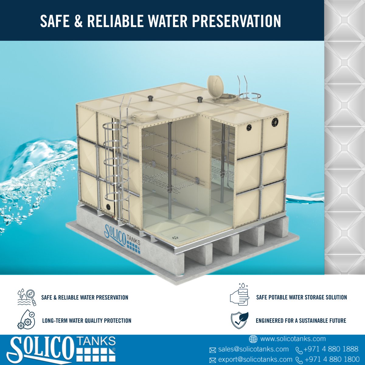 SolicoTanks's tweet photo. As shown in "Safe &amp; Reliable Water Preservation", #Solico delivers a safe potable water storage solution. We guarantee long-term water quality protection and engineer our tanks for a sustainable future! Learn more: 
https://t.co/rhcUfzDJV9 

#Sustainability #WaterStorage #B2B https://t.co/vjXZcdjrEG