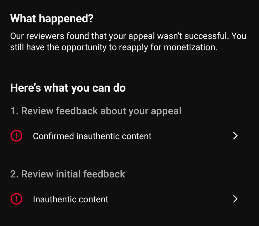 kitti_cuts's tweet photo. I've noticed several channels getting monetization back after Inauthentic Content appeals. My channel was also flagged even though the content is original and edited by me.
@TeamYouTube I would appreciate a review of my channel and reconsideration for monetization.
#YouTube #YPP #CreatorEconomy