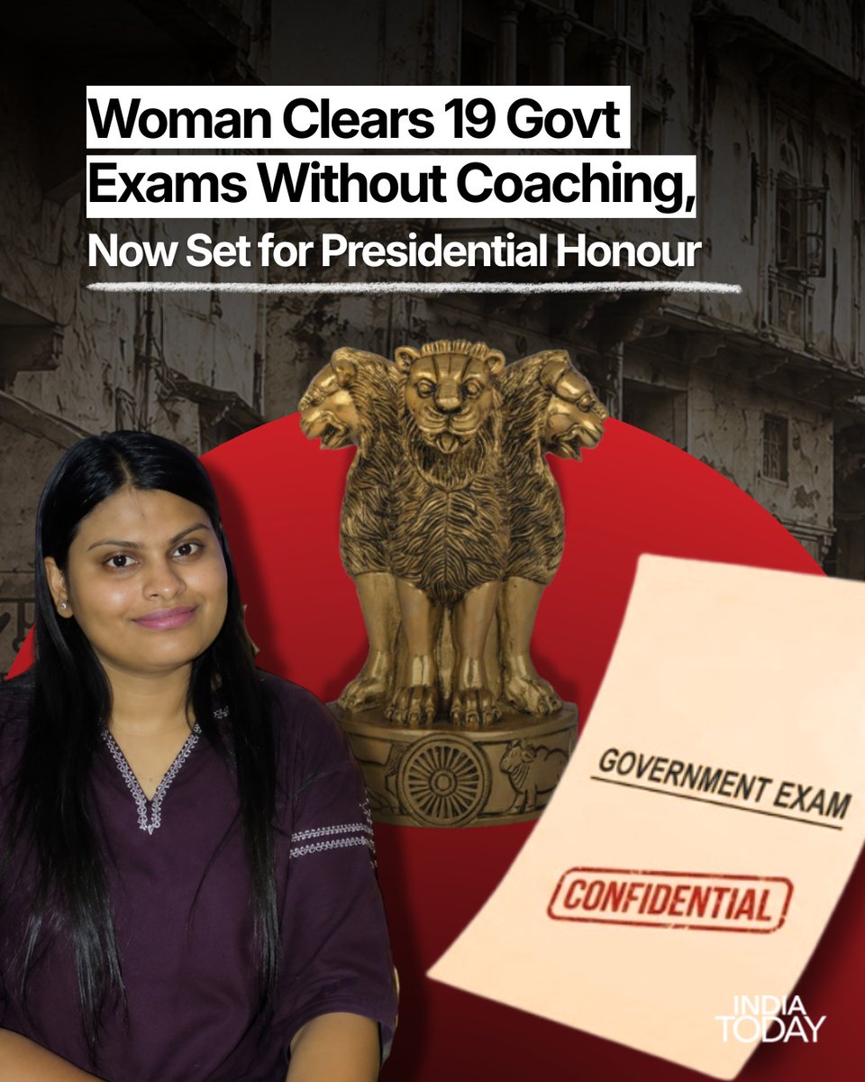 IndiaToday's tweet photo. 23-year-old Charu Pandey from Tilda-Neora in Chhattisgarh has achieved something few candidates can imagine: clearing 19 competitive examinations across multiple sectors. She began preparing for competitive examinations during college.

Her list includes SSC CGL, CHSL, MTS, GD and CPO, along with SBI PO, SBI Clerk, IBPS PO, IBPS Clerk and multiple railway and state-level recruitments.She also tutored school students during that period, saying the teaching experience strengthened her own understanding.

According to Charu, success came from depth rather than volume. From a small town in Chhattisgarh to one of India's most sought-after government jobs, Charu's story is proof that consistency, discipline and smart preparation can sometimes matter more than expensive coaching.

#CharuPandey #GovtJobs #CompetitiveExams #SelfStudy #SuccessStory #Chhattisgarh #Inspiration #Education #StudyMotivation #ExamPreparation
