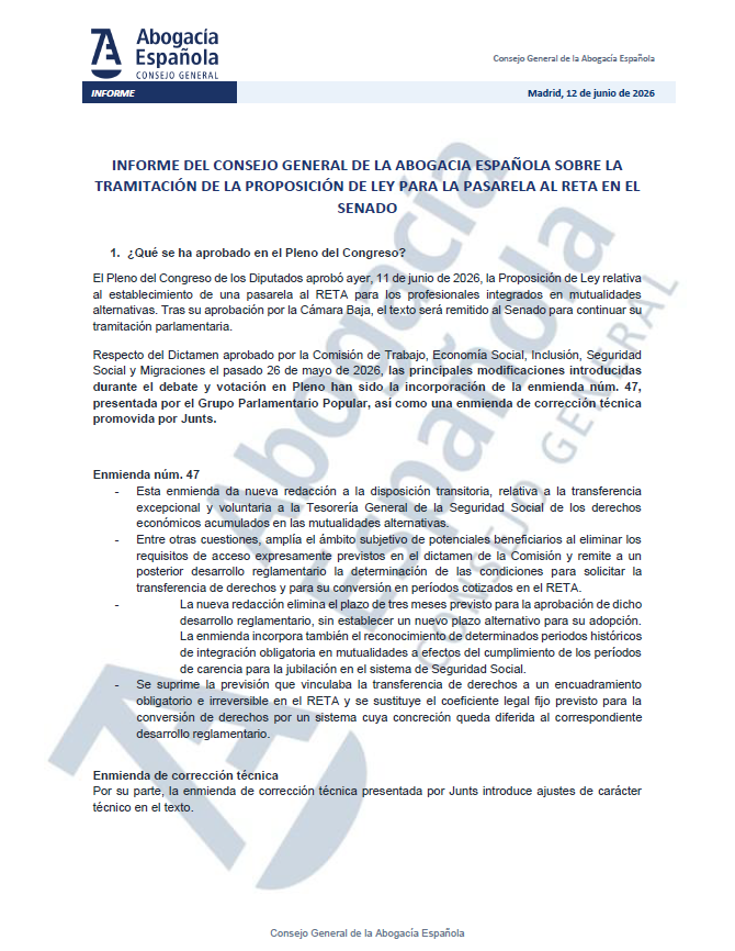 Abogacia_es's tweet photo. 📰 Abogacía Española analiza la situación actual de la tramitación parlamentaria de la Proposición de Ley sobre las mutualidades alternativas.
 
⚖️ Tras su aprobación ayer en el @Congreso_Es de los Diputados, el texto será remitido al @Senadoesp para continuar su tramitación parlamentaria. Este proceso es decisivo para dar una solución justa a la situación de miles de profesionales de la abogacía, que garantice seguridad jurídica y proteja sus derechos.

Abogacía Española confía en que los grupos políticos, conscientes de la importancia de esta norma, incorporen mejoras en el texto final y amplíen su alcance a más compañeros, para tener una pensión justa y digna; un derecho que reconoce nuestra Constitución.

#Mutualistas #PasarelaAlRETA

https://t.co/ljX8UVarHh