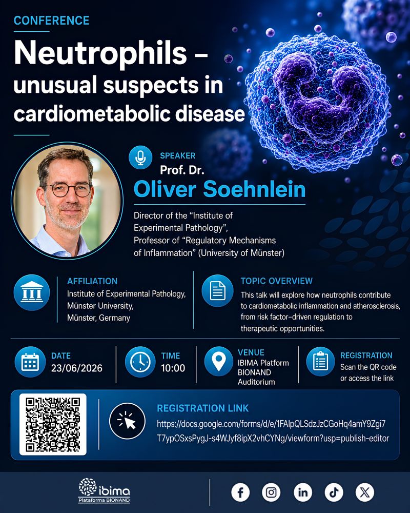 ACorazonHUVV's tweet photo. 📢Save the date

🎤 Prof. Dr. Oliver Soehnlein
📝 Neutrophils – unusual suspects in cardiometabolic disease.

📅 23 junio 2026
🕙 10:00 h
📍 Salón de Actos, IBIMA Plataforma BIONAND @_ibima @HUVV_SAS 

 Inscripción:
https://t.co/5jhveuH5cV https://t.co/kqZuxgFy5S