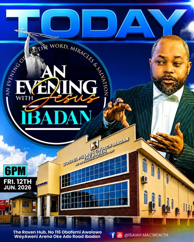 isaiahmacwealth's tweet photo. IBADAN, GET SET FOR TONIGHT!

As I prepare to see you at An Evening With Jesus, my heart is filled with expectation for what the Lord is going to do.

No one encounters the Master Jesus and remains the same. Tonight, I believe many will receive supernatural healing, deliverance, restoration, direction, and undeniable breakthroughs by the power of His presence.

Get set for a life-changing evening with Jesus and an encounter that will leave a lasting mark on your life.

#JesusReigns