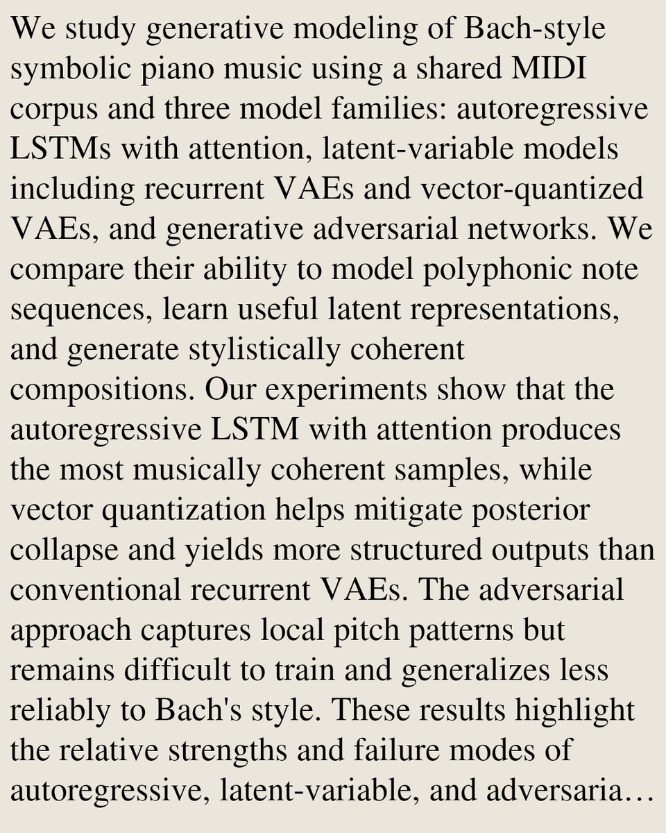 SoundPapers's tweet photo. Generative Modeling of Bach-Style Symbolic Music: A Comparative Study of Autoregressive, Latent-Variable, and Adversarial Approaches

Kyuil Lee, Dezhi Yu, Yongkang Huang
https://t.co/tnFpUaSixv [𝚌𝚜.𝚂𝙳 𝚌𝚜.𝙻𝙶] https://t.co/xvI5Mp6r4z
