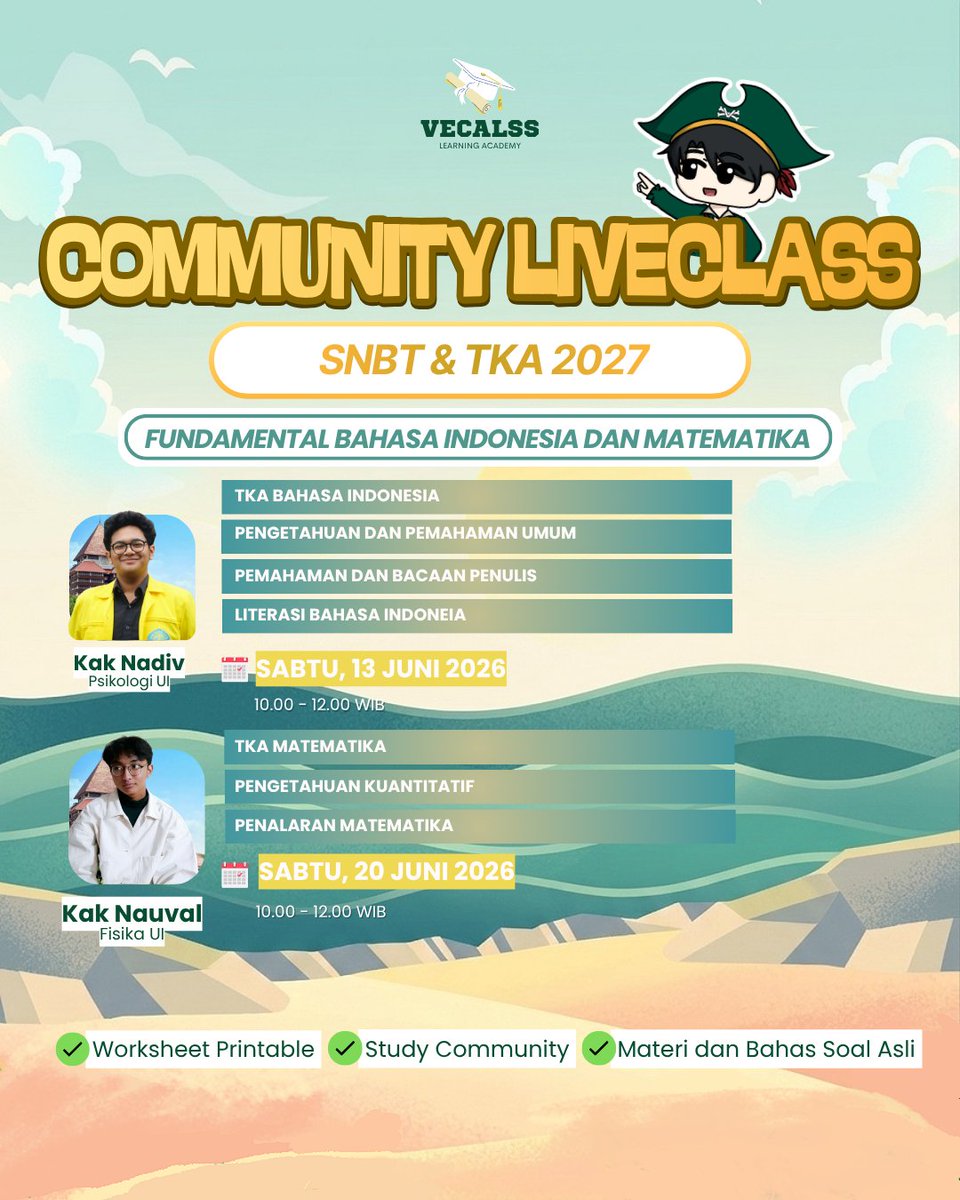 floomeurs's tweet photo. CALLING OUT angkatan 27, 28, semigap, atau gapyear yang mau belajar SNBT &amp; TKA dari basic! 

aku nemu community class yang bakal bahas soal-soal asli 2026 dan ngajarin konsepnya dari dasar, jadi cocok buat yang mau curi start atau masih bingung mulai dari mana! ini FREE yaa guys! https://t.co/UmhXbBW0Ks