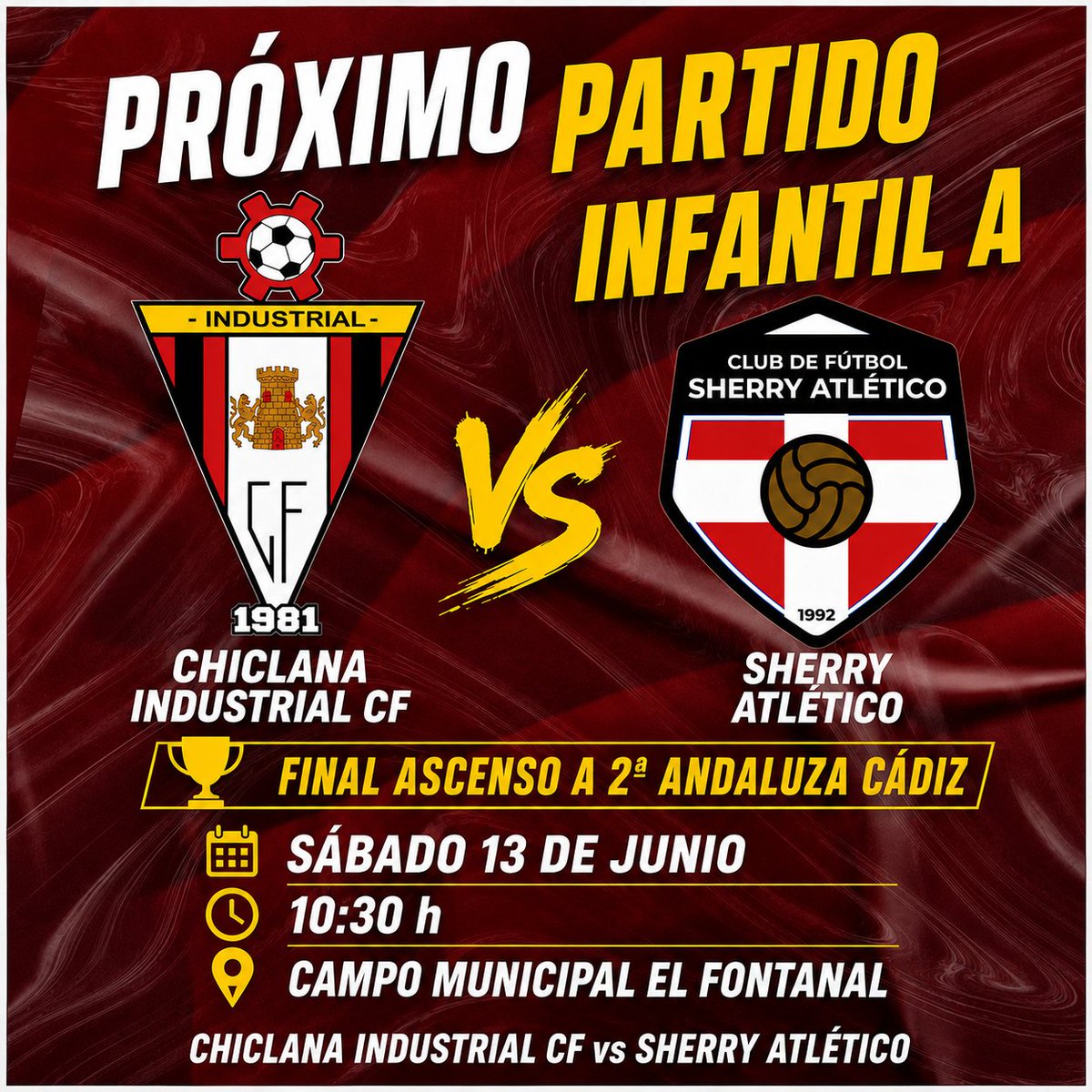 CICF1981's tweet photo. ⬆️ MAÑANA nuestro INFANTIL A juega su partido de vuelta en las eliminatorias para conseguir su ansiado ascenso.

✅ Si ganan consiguen ascender !

Jugamos en casa! Vamos todos a llenar El Fontanal‼️

🆚Sherry Atlético 
🕖Sábado 13 de Junio - 10:30
🏟️El Fontanal https://t.co/y2gRwZqZ7C