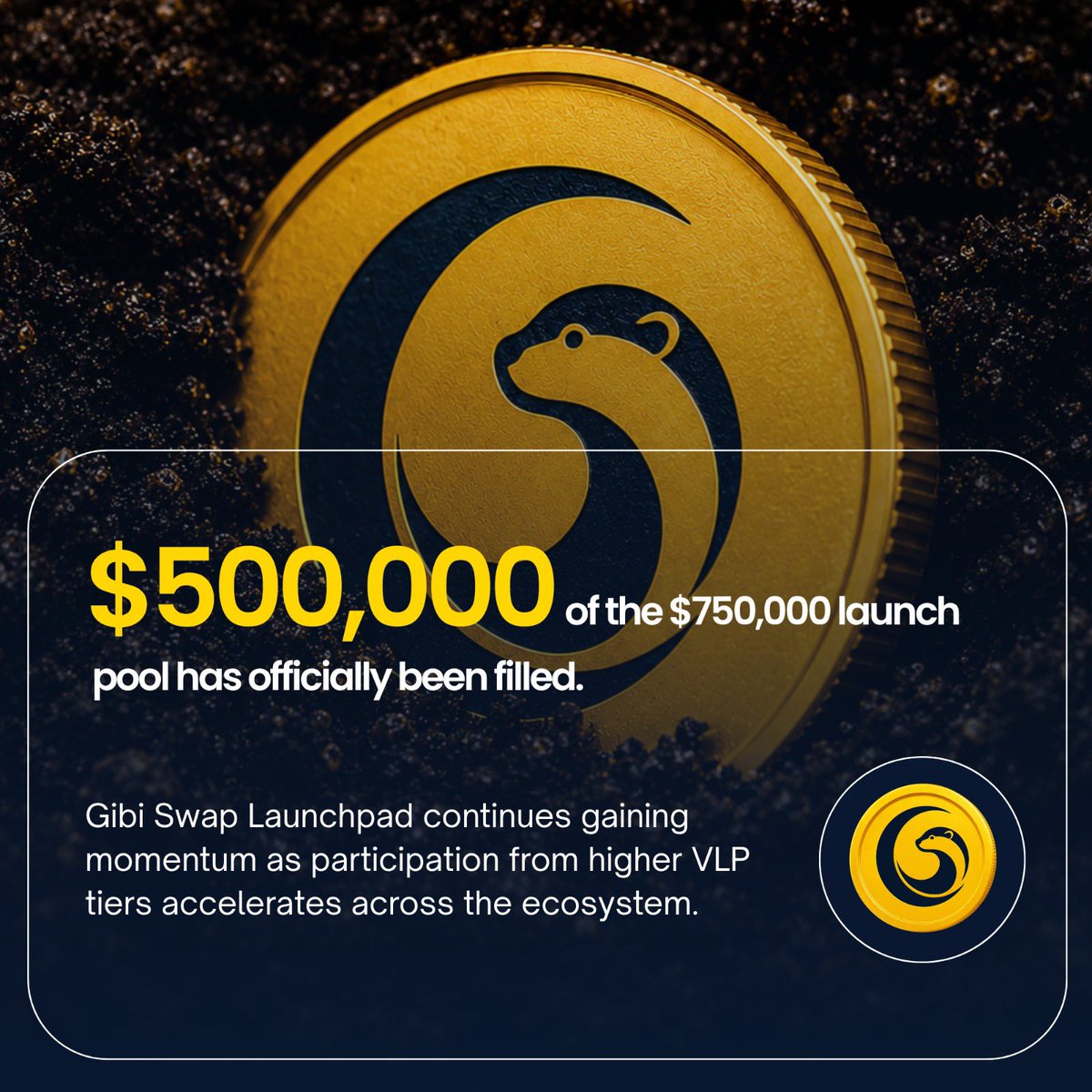 GibiSwap's tweet photo. 500,000 USDT committed.

Two-thirds of the 750,000 USDT Launchpad allocation has now been filled as participation across Gibi Swap ecosystem continues to grow.

A significant milestone on the path ahead. https://t.co/wrtufL4Lud