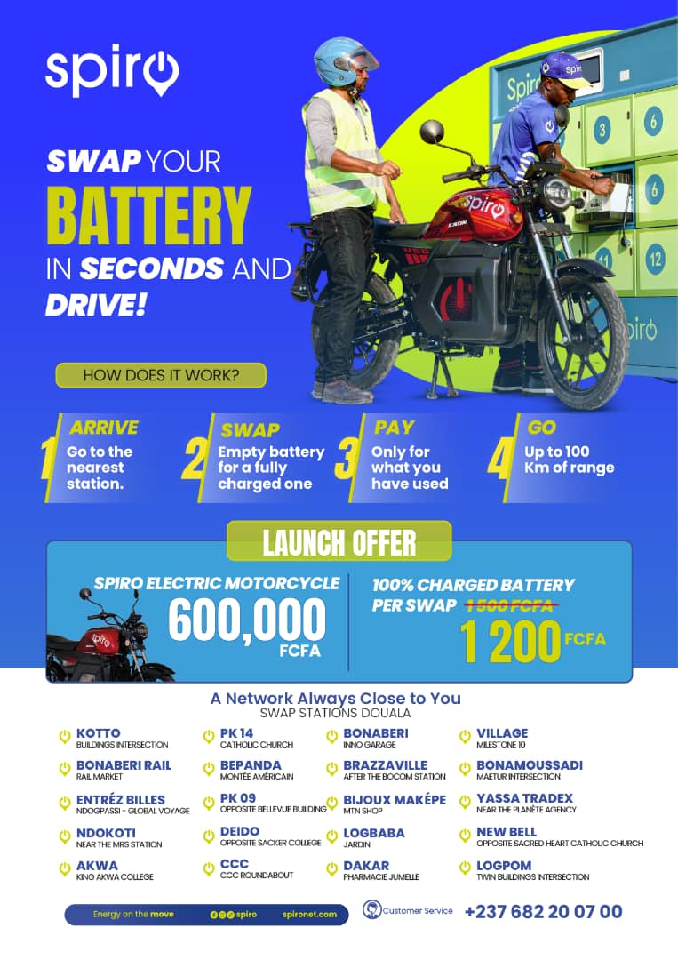 SpiroCameroon's tweet photo. ⚡ Why wait hours to charge when you can swap in seconds?
With #Spiro Battery Swapping:
🔋 Swap your battery in seconds
🏍️ Ride up to 100 km
💰 Pay only 1,200 FCFA per swap
Electric mobility made easy.
📞 +237 682 20 07 00
#ElectricMotorcycle #BatterySwap #Cameroon #Douala https://t.co/hY1GNPwYig