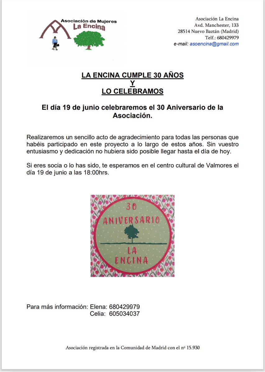 aytonuevobaztan's tweet photo. 🎉 La Asociación La Encina celebra su 30º aniversario.
📅 19 de junio 18:00 h Centro Cultural Valmores
Si eres socia o has formado parte de la asociación, te invitamos a acompañarnos en este acto de agradecimiento y celebración.
🌿 ¡30 años construyendo comunidad!
#LaEncina https://t.co/RWttqxg5lP