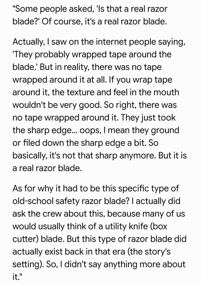 morningstar8ray's tweet photo. #ZhangXincheng #จางซินเฉิง

The razor blade in #南部档案  #ArchivesTheNanyangMystery was actually a real blade 🤯
Zhang Xincheng is so incredible!

ใบมีดโกนใน #บันทึกคดีแดนใต้ เป็นใบมีดจริง 🤯 จางซินเฉิงสุดยอดดดดด

แถมยังถ่ายทำจริงทั้งหมดด้วย... แค่เจียรคมมีดออกให้ทู่แต่ไม่ได้พันเทปกาวเลย

The razor blade in #南部档案  #ArchivesTheNanyangMystery was actually a real blade, and they completely filmed it for real.
They only ground down the sharp edge but didn't wrap any tape around it. Zhang Xincheng is so incredible!
