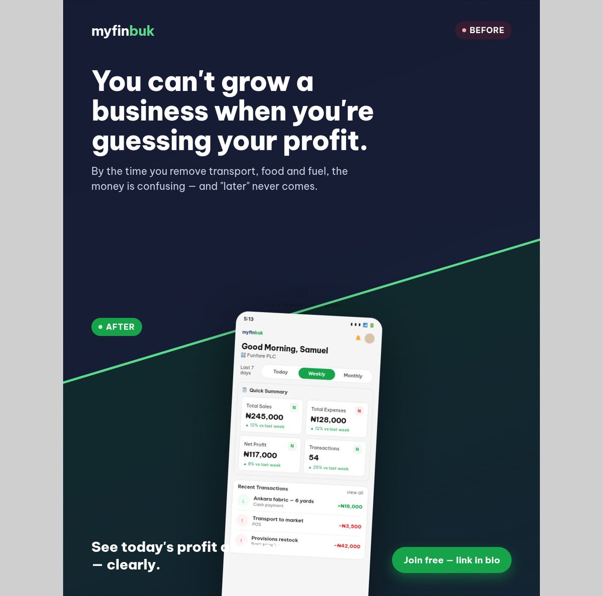 myfinbuk's tweet photo. Business owners, let’s talk straight. That alert that entered your phone this morning... is it actually shop profit, or is it the money your brother sent you to buy food for the house? https://t.co/ez0eYIGIuA