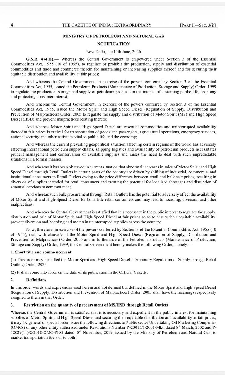 HemantSirohi1's tweet photo. @PetroleumMin @Secretary_MoPNG @IndianOilcl @HPCL @BPCLimited 
The recently notified Motor Spirit & HSD (Temporary Regulation of Supply through Retail Outlets) Order, 2026 reflects the Government’s commitment towards preventing diversion, hoarding and ensuring equitable availability of fuel across the country. The objective is appreciated and supported.

However, for effective and uniform implementation at the Retail Outlet level, certain practical clarifications would be extremely helpful:

• What are the exact specifications of a PESO-approved container?
• Will an official list of approved containers/manufacturers be circulated to dealers?
• How is a dispensing attendant expected to identify an approved container at the point of sale?
• Should customers be required to carry any PESO approval certificate, manufacturer’s approval number or supporting documentation?
• What action is expected if a container appears compliant but supporting documents are unavailable?

Further, the Order restricts HSD sales to a maximum of 200 litres per day per customer/vehicle.

Practical guidance may kindly be issued regarding:

• Whether the limit applies per vehicle, per customer, per transaction or per retail outlet.
• How dealers are expected to monitor cumulative purchases made from multiple outlets.
• Whether any centralized OMC-based software or monitoring mechanism will be provided.
• Treatment of genuine consumers such as farmers, DG set operators, telecom infrastructure providers, construction equipment operators and other essential service providers.

The Order also states that diesel procured under this provision shall not be resold and that OMCs and Retail Outlet Dealers shall ensure compliance.

In this regard, clarity would greatly assist the dealer fraternity on:

• The extent of dealer responsibility after lawful delivery of fuel.
• Documentation and records required to establish compliance.
• Measures expected from dealers to prevent future misuse by third parties.
• Standard operating procedures for field-level implementation.

Petroleum Dealers remain fully committed to implementing the Order in its true spirit and supporting the Government’s efforts to ensure uninterrupted fuel availability for genuine consumers. A detailed SOP and implementation guideline from MoPNG, OMCs, and PESO would enable smooth, transparent and uniform compliance across the nation.
@HardeepSPuri @TheSureshGopi @PMOIndia @PiyushGoyal @narendramodi @RahulGandhi @ChairmanIOCL @CMD__HPCL @CmdHpcl 

#MoPNG #PetroleumDealers #Diesel #HSD #FuelRetailing #EnergySecurity #PESO #OilMarketingCompanies #FuelDistribution #India